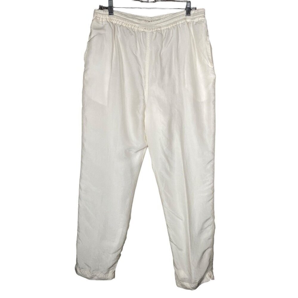 MURELI 100% Silk Track Pants Women's M Ivory Lined Drawstring Pockets Pull On